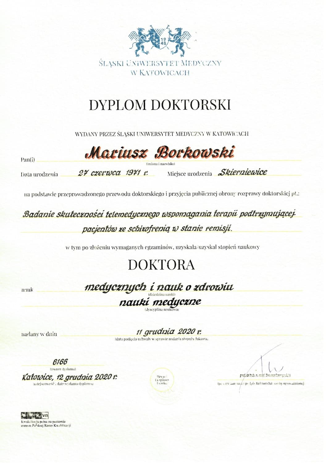 Dyplom Mariusz Borkowski